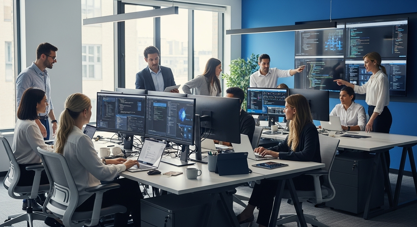 Modern professional technology workspace with diverse team collaborating around computers and digital devices in clean office environment